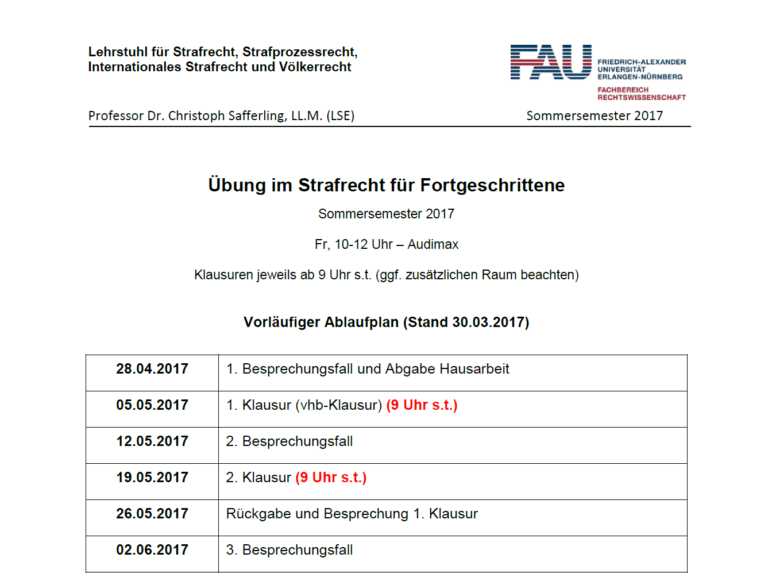 Übung im Strafrecht für Fortgeschrittene