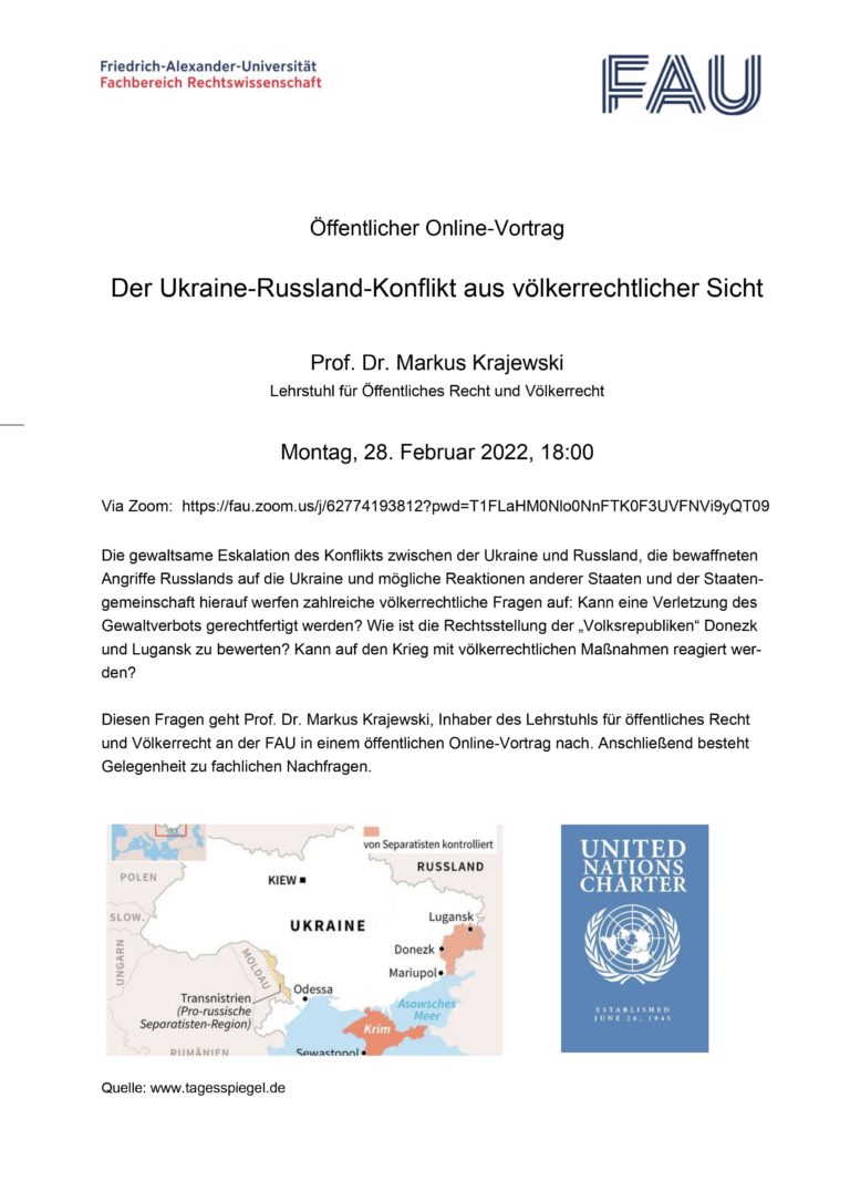 Hinweis: Öffentlicher Online-Vortrag „Der Ukraine-Russland-Konflikt aus völkerrechtlicher Sicht“ von Prof. Dr. Markus Krajewski