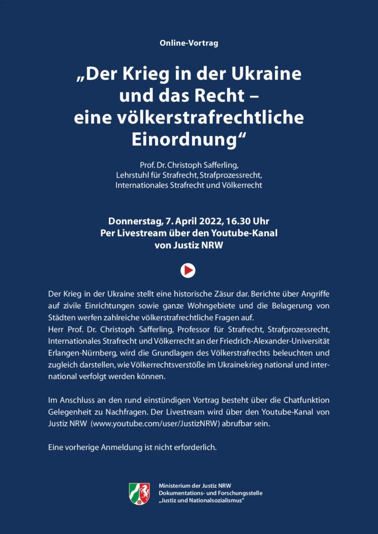 Einladung zum Online-Vortrag: „Der Krieg in der Ukraine und das Recht – eine völkerstrafrechtliche Einordnung“